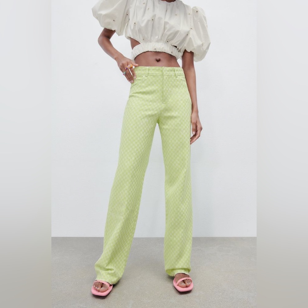 ZARA GINGHAM STRAIGHT LEG PANTS